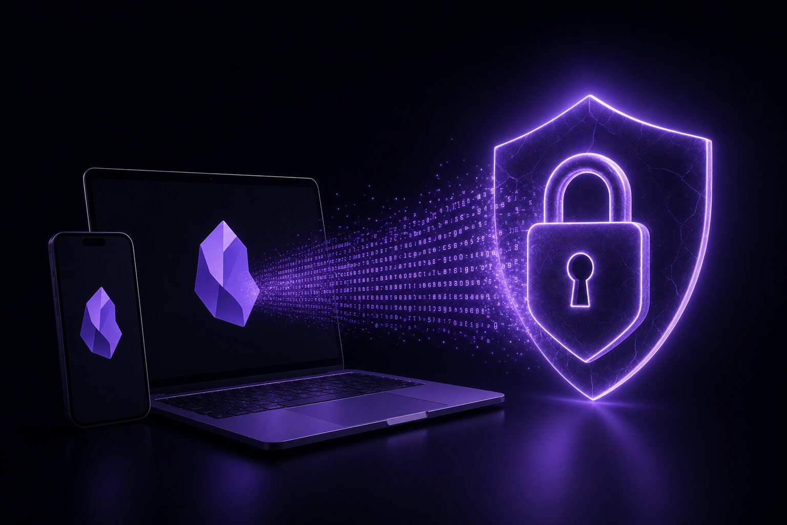 An Obsidian note dissolving into encrypted ciphertext behind a glowing padlock, synced across a laptop and phone.