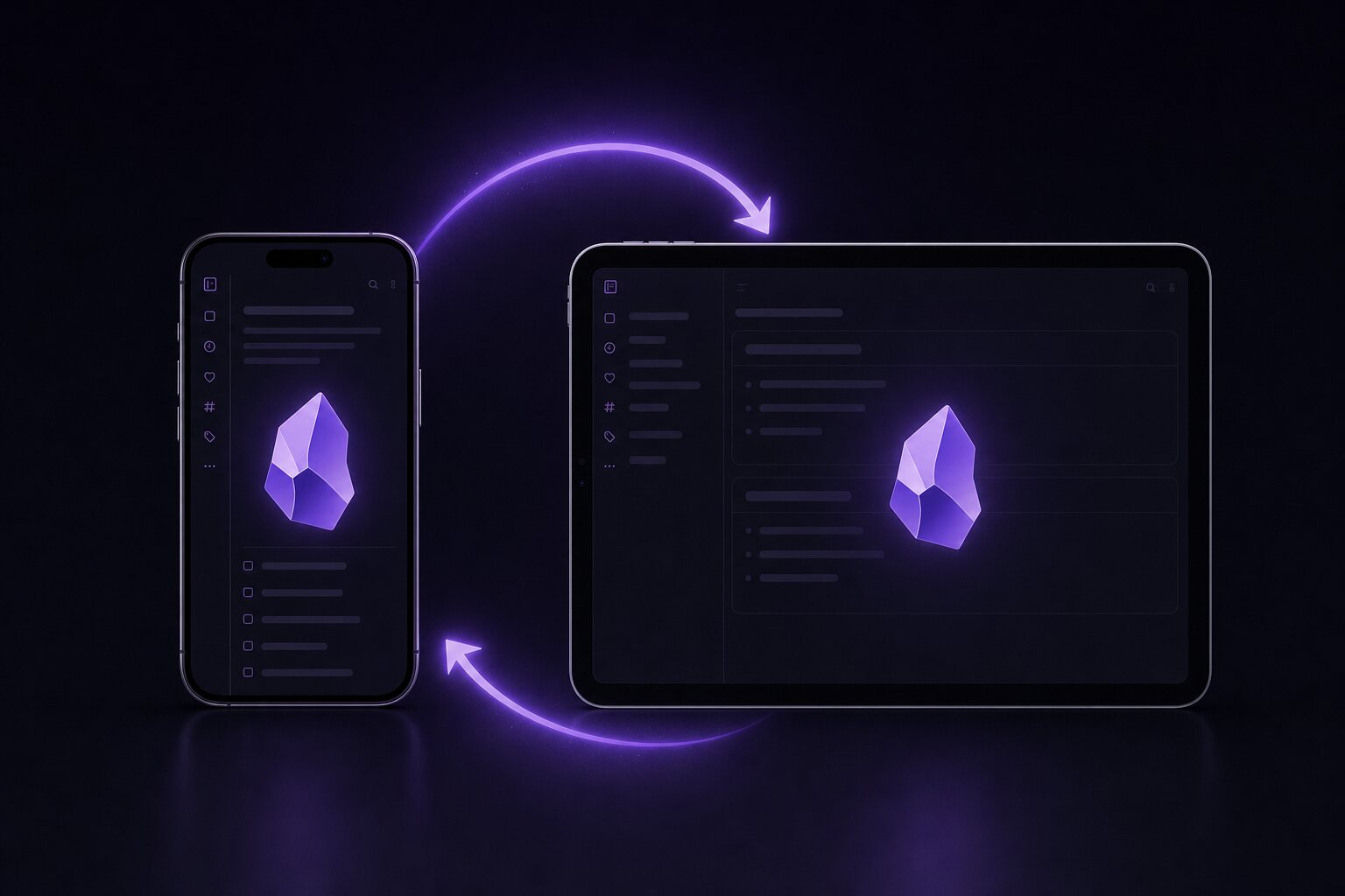 The same Obsidian vault open on an iPhone and an iPad, syncing over a glowing arrow between them.